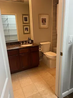 a bathroom with a sink a toilet and mirror
