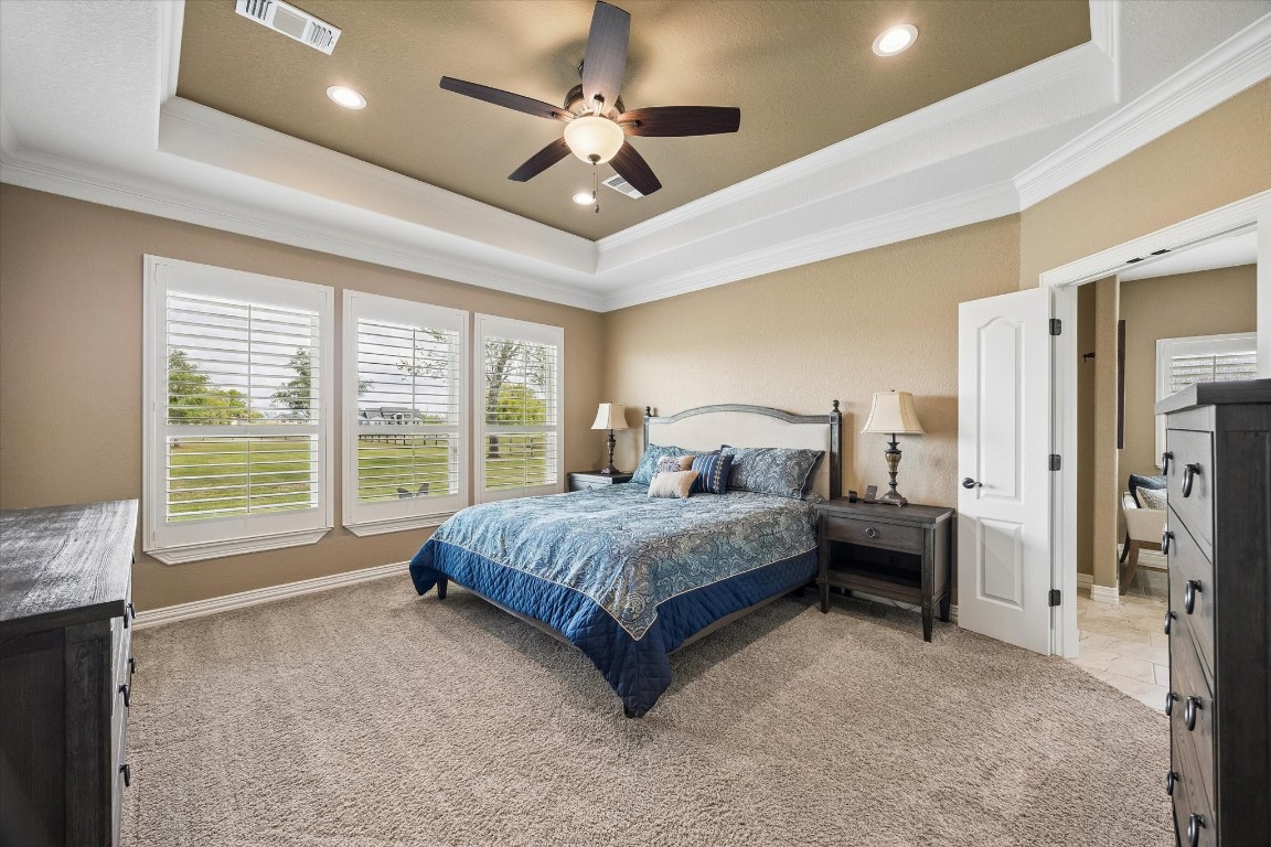 17703 Cedarhill Drive Rosharon, TX 77583 - Photo 15 of 47 The spacious primary suite is a true retreat, featuring a dramatic tray ceiling, plush carpet, plantation shutters with sweeping acreage views, and direct access to the ensuite bath and two walk-in closets.