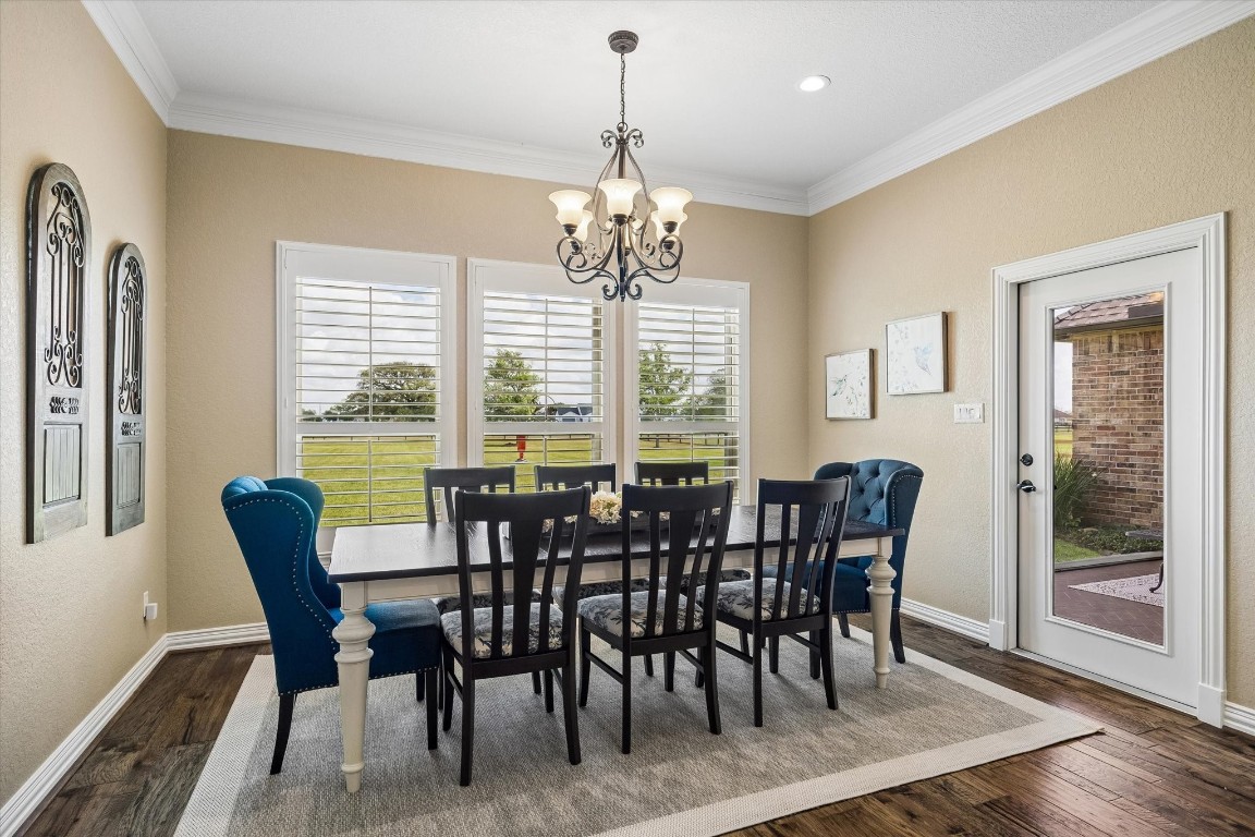 17703 Cedarhill Drive Rosharon, TX 77583 - Photo 10 of 47 The spacious formal dining room accommodates large gatherings with ease, featuring rich hardwood floors, crown molding, a classic chandelier, and plantation shutters framing peaceful acreage views. A direct door to the outdoor patio makes entertaining effortless.