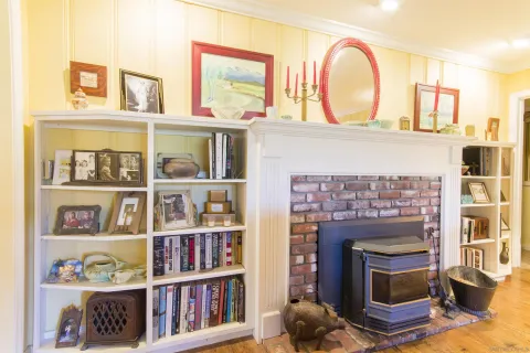 a view of living room with furniture and a fireplace