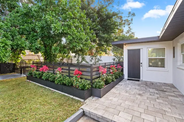 a view of a backyard with potted plants and large trees