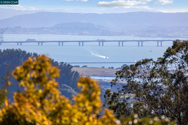 a view of a lake in middle of a field