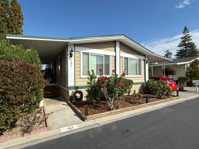 front view of a house with potted plants