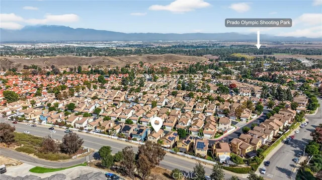 an aerial view of a house with a outdoor space
