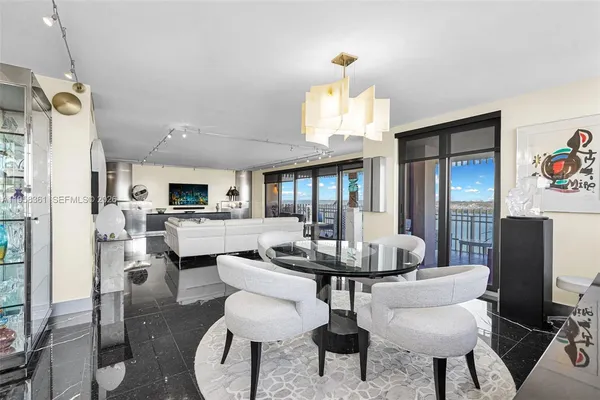 a view of a dining room with furniture