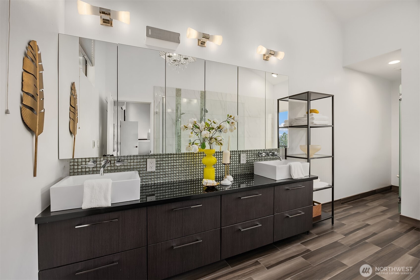 5340 West Mercer Way Mercer Island, WA 98040 - Photo 22 of 36 a bathroom with double vanity sinks a vanity a lamp and a shower