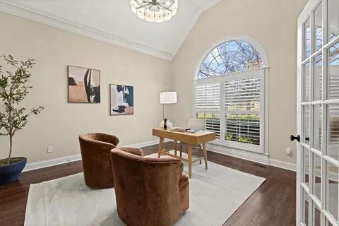 a living room with furniture windows and a potted plant