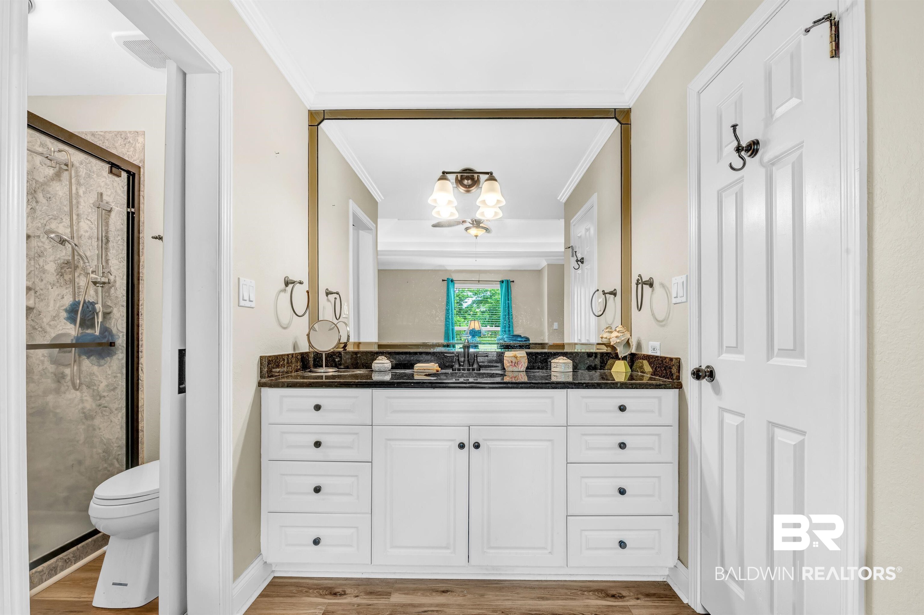 24551 Wolf Bay Drive Foley, AL 36535 - Photo 40 of 59 Full bathroom featuring a stall shower, vanity, crown molding, a chandelier, and wood finished floors