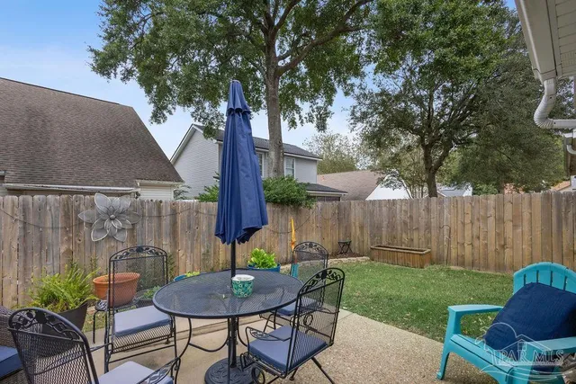 a backyard of a house with table and chairs