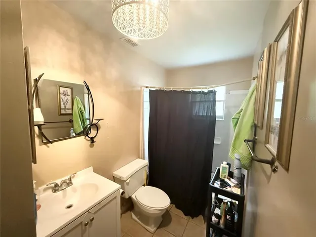 a bathroom with a sink a toilet and shower curtain