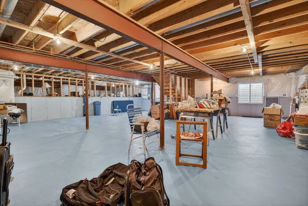 a view of a garage with storage