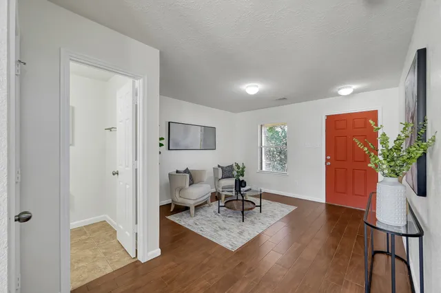 a living room with furniture and a potted plant
