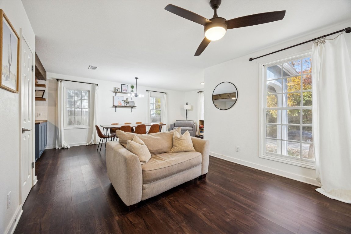 604 Pressler Street Austin, TX 78703 - Photo 3 of 40 Living area with dark wood finished floors and a ceiling fan