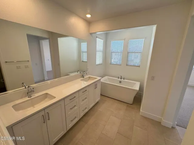 a bathroom with a double vanity sink a mirror and a bathtub