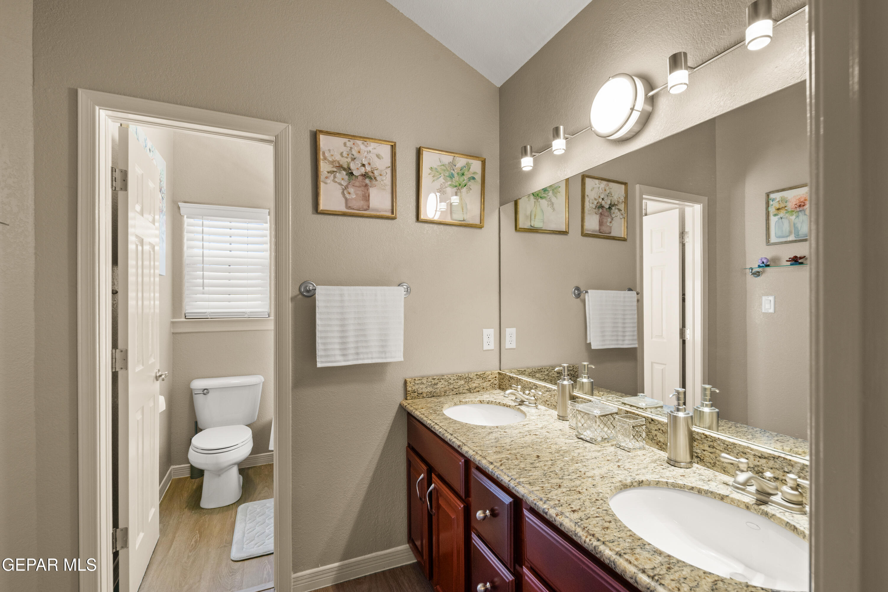 6705 Pearl Ridge Drive El Paso, TX 79912 - Photo 35 of 58 a bathroom with a granite countertop sink toilet and shower