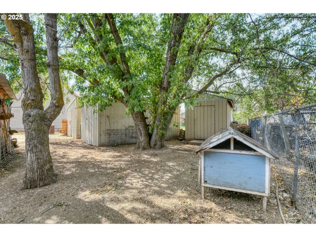 a view of a wooden house with a large tree