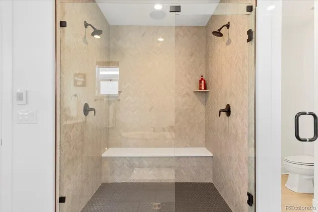 a bathroom with a shower and a toilet