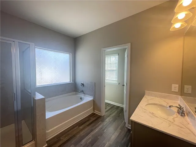 a bathroom with a tub sink and mirror