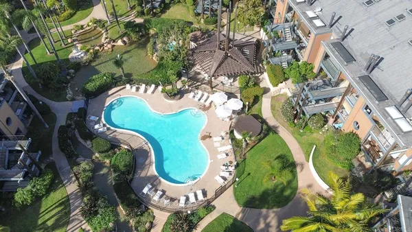 an aerial view of a swimming pool