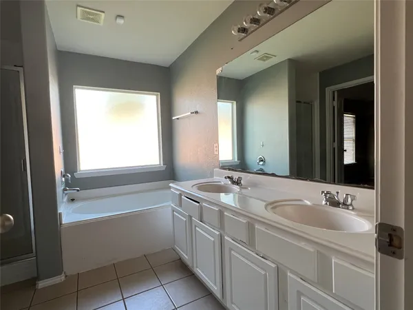a bathroom with a sink double vanity mirror and a bathtub