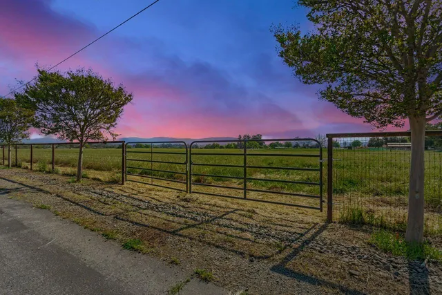 a view of a yard with wooden fence