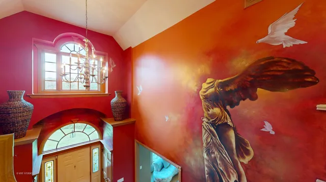 a living room with stairs