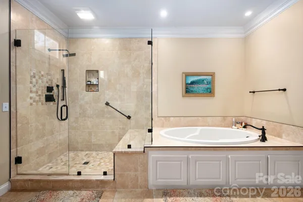 a bathroom with a bathtub and a shower