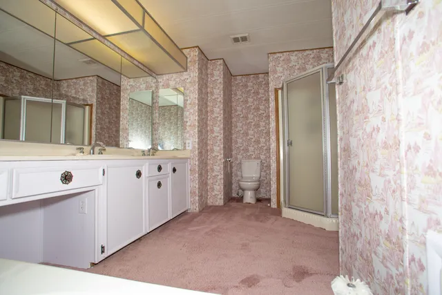 a bathroom with a double vanity sink mirror and shower