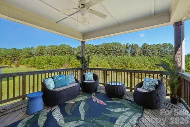 a view of a patio with plants and a fountain