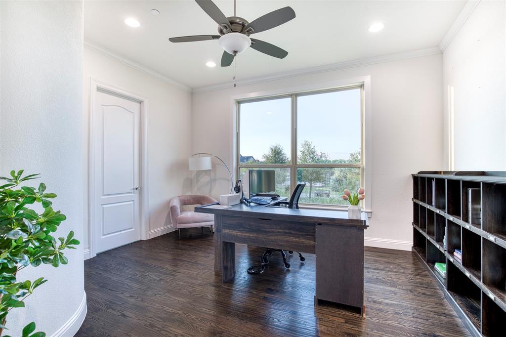 901 Inverness Court Lucas, TX 75002 - Photo 18 of 40 Home office with a ceiling fan, dark wood-type flooring, ornamental molding, and recessed lighting