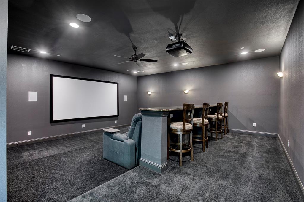 901 Inverness Court Lucas, TX 75002 - Photo 29 of 40 Home theater room with dark colored carpet, a dry bar, recessed lighting, ceiling fan, and a textured ceiling