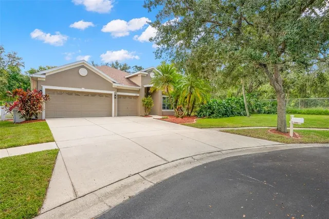 a front view of house with yard and green space