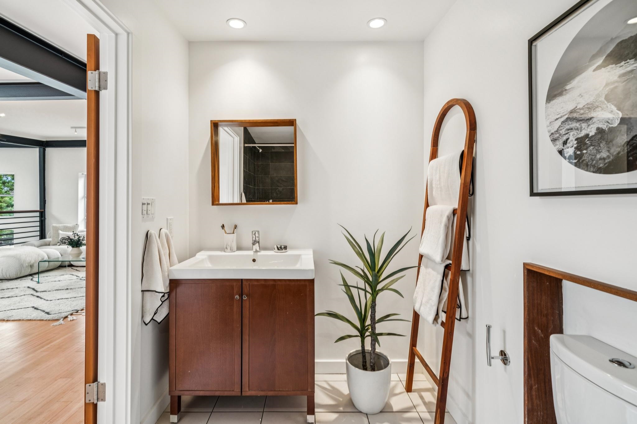 829 21st Street, Unit 3 Oakland, CA 94607 - Photo 35 of 47 Full bath featuring vanity, a shower, recessed lighting, and light tile patterned floors