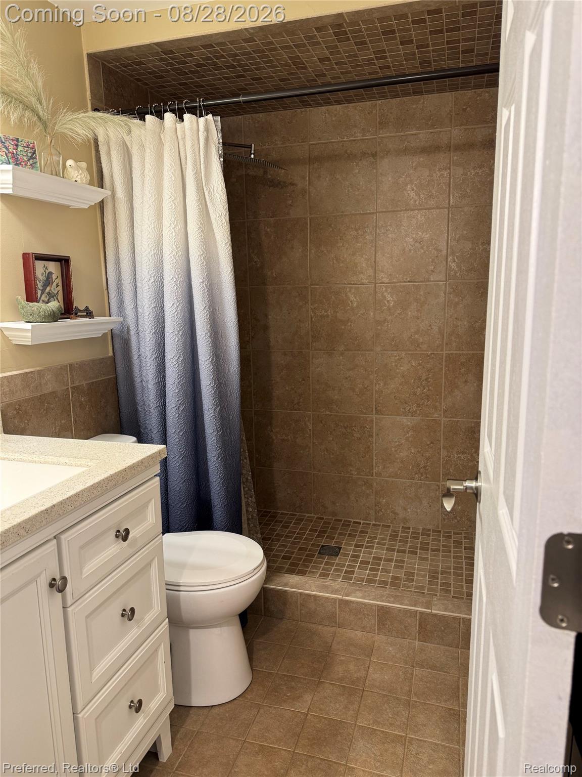 10362 Quirk Road Belleville, MI 48111 - Photo 19 of 41 Main Floor Full Bath with Walk-in shower with tiled walls and floor, mosaic tile ceiling accent, white vanity with stone-finish countertop, and paneled interior door