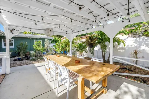 a view of a patio with a table and chairs