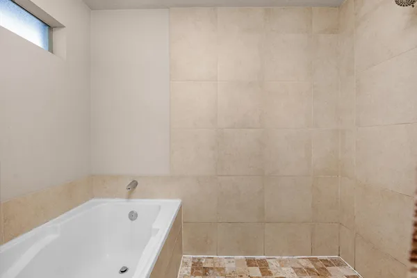 a bathroom with a tub and a shower