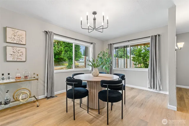 a view of a dining room with furniture window and outside view