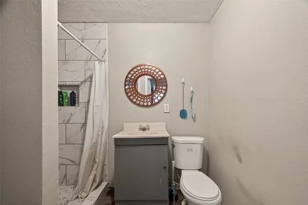a white toilet sitting next to a shower curtain
