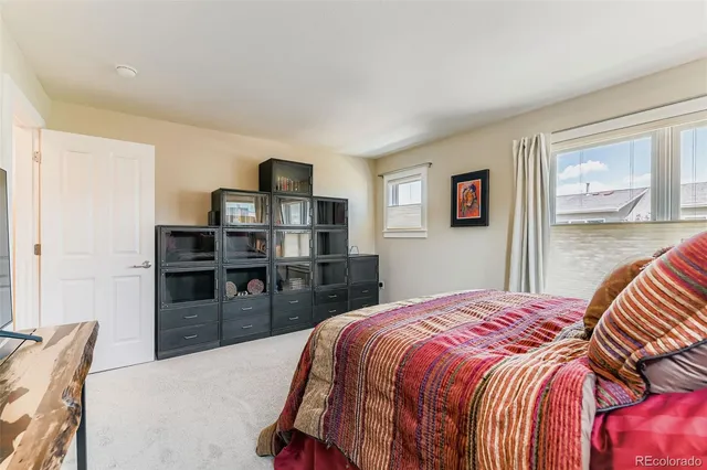 a bedroom with a bed and closet