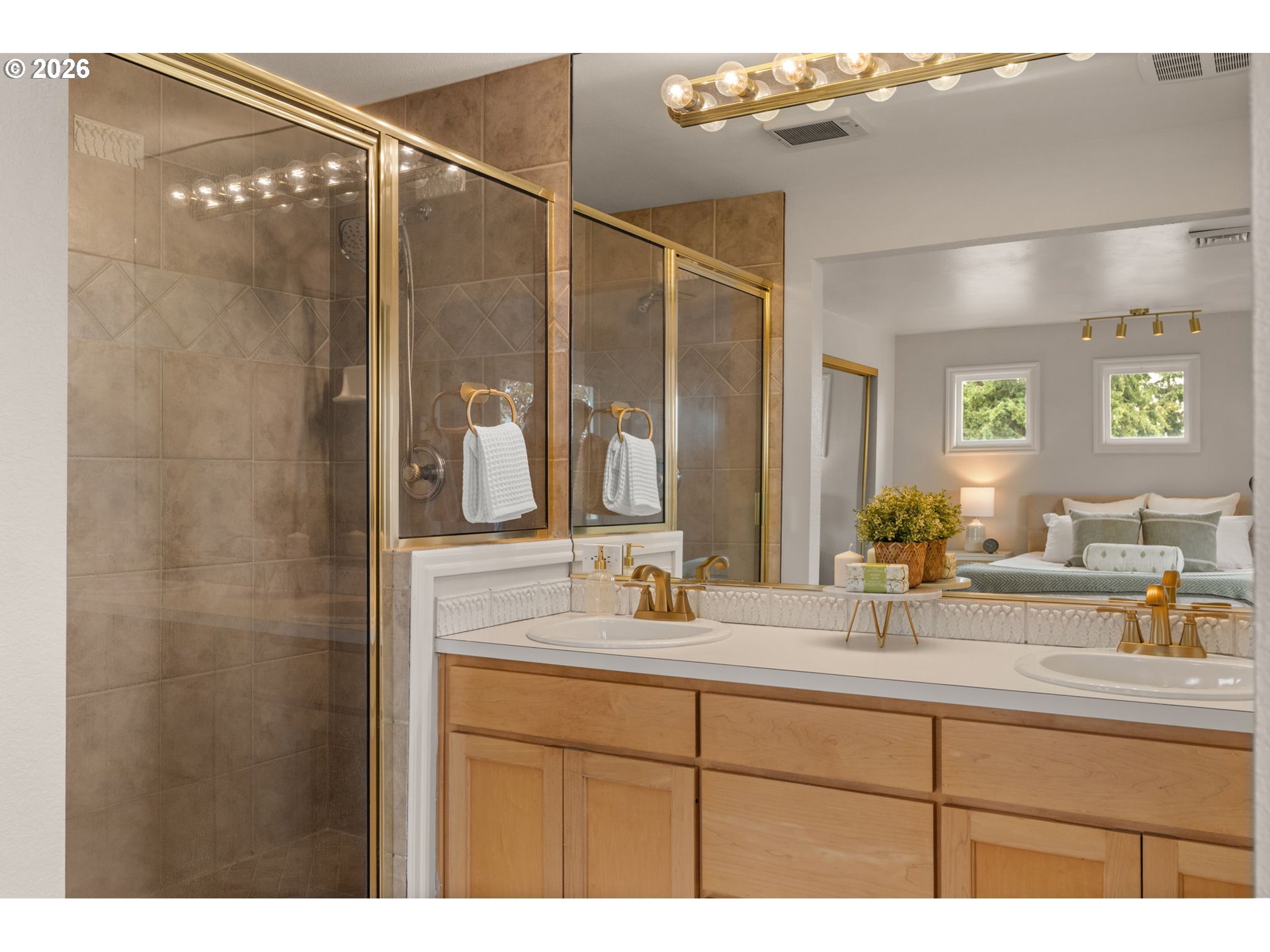 1995 Greiner Street Eugene, OR 97405 - Photo 23 of 39 a bathroom with a double vanity sink mirror and shower