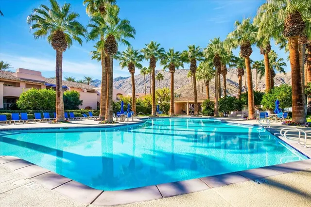 a view of a swimming pool with a lawn chairs under palm trees