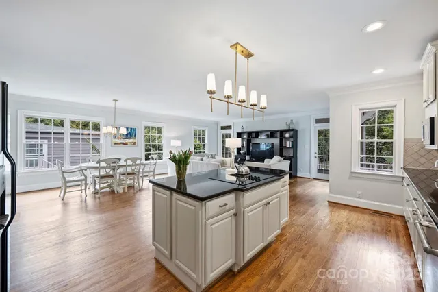a kitchen with counter top space and wooden floor