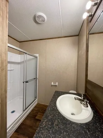 a bathroom with a sink and a mirror