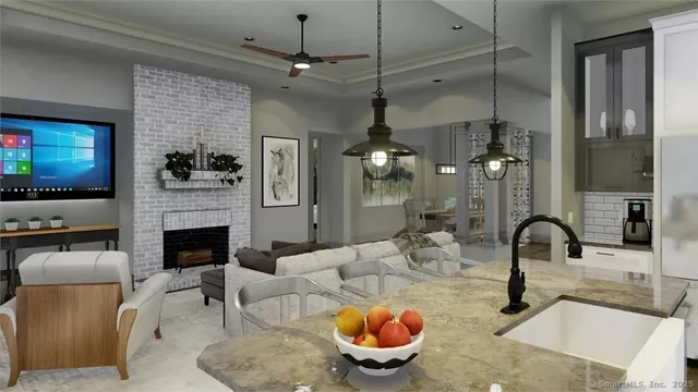 a kitchen with a table chairs and a fireplace