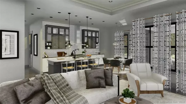 a living room with furniture kitchen and a window