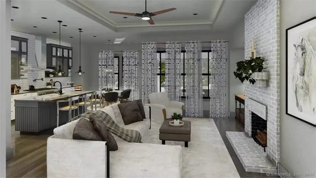 a living room with furniture and a fireplace