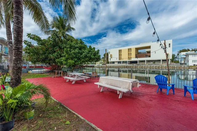 an outdoor space with seating