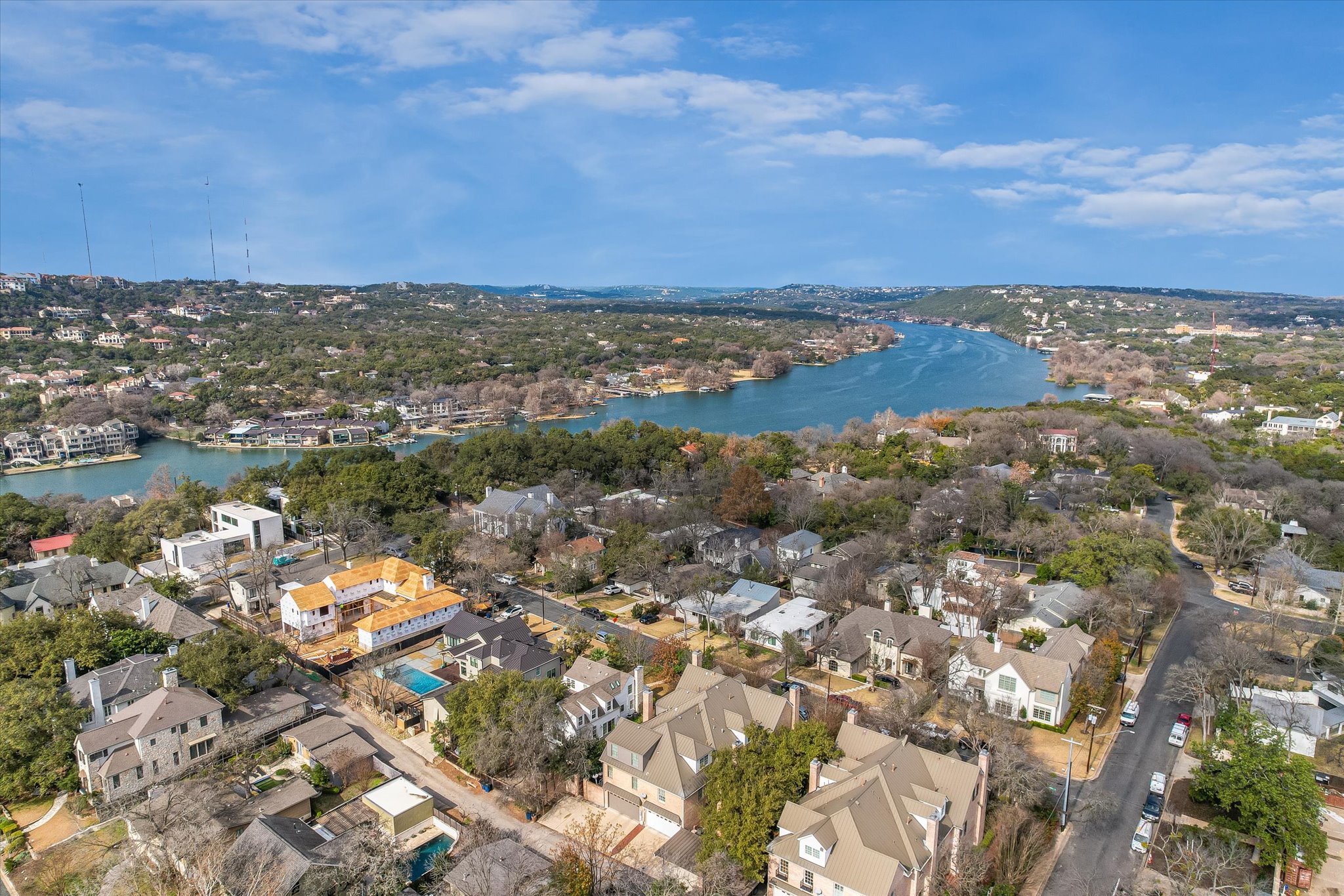 3705 Gilbert Street, Unit B Austin, TX 78703 - Photo 34 of 35 Birds eye view of property with a water view and a residential view