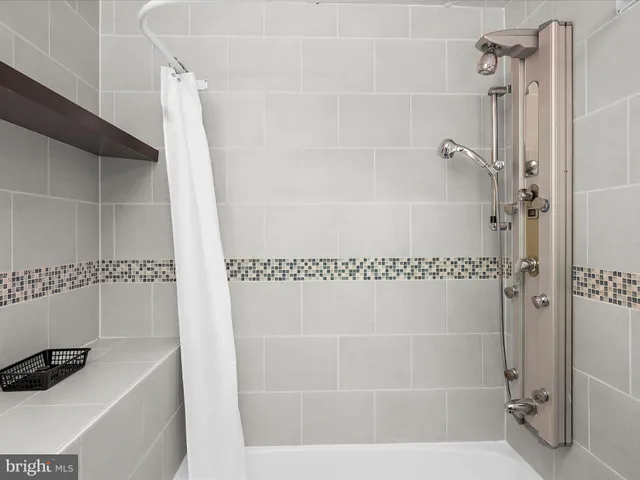a bathroom with a bathtub and a shower