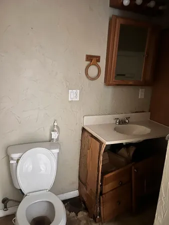 a bathroom with a sink a toilet and mirror
